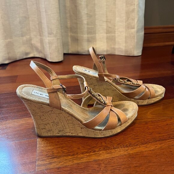 Steve Madden Tan Strappy Beaded Wedge Sandals, Size 8-8.5 - Picture 1 of 4